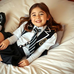 A girl in a school uniform featuring black patent leather shoes with straps, white knee socks, a white blouse with a perfectly fitting collar, a black and white striped tie, a black buttoned blazer with white piping and an emblem on the chest, and a black pleated skirt