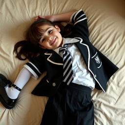 A girl in a school uniform featuring black patent leather shoes with straps, white knee socks, a white blouse with a perfectly fitting collar, a black and white striped tie, a black buttoned blazer with white piping and an emblem on the chest, and a black pleated skirt