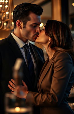 A passionate and romantic scene capturing a serious and attractive boss with an intense gaze, sharing a kiss with his female employee