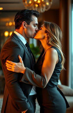 A passionate and romantic scene capturing a serious and attractive boss with an intense gaze, sharing a kiss with his female employee