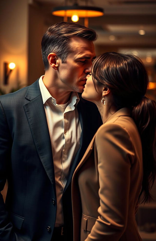 A passionate and romantic scene capturing a serious and attractive boss with an intense gaze, sharing a kiss with his female employee