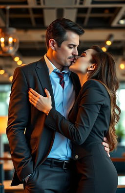 A passionate and romantic scene capturing a serious and attractive boss with an intense gaze, sharing a kiss with his female employee