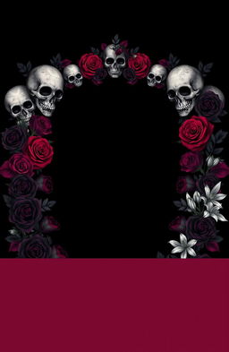 A book cover design featuring a solid black background adorned with an intricate frame of skulls and black roses