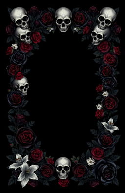 A book cover design featuring a solid black background adorned with an intricate frame of skulls and black roses