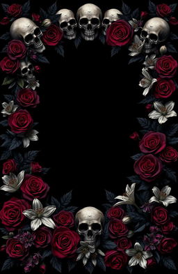 A book cover design featuring a solid black background adorned with an intricate frame of skulls and black roses