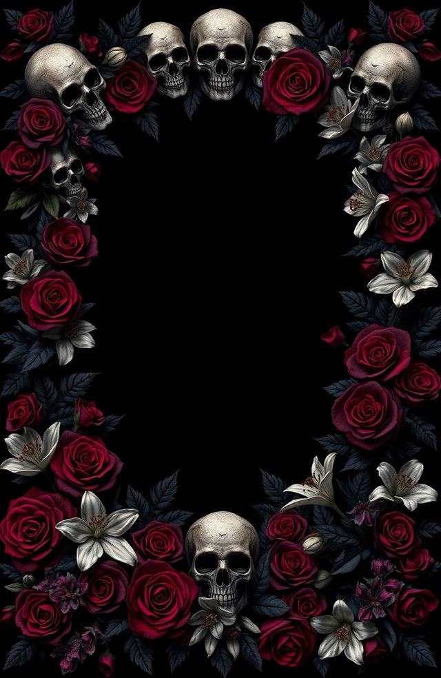 A book cover design featuring a solid black background adorned with an intricate frame of skulls and black roses