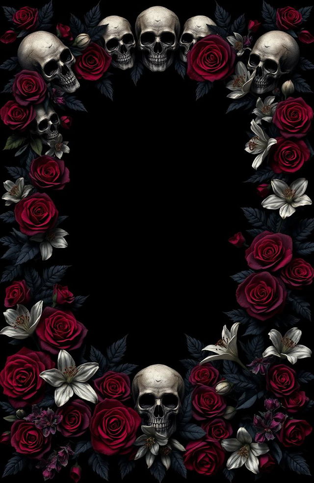 A book cover design featuring a solid black background adorned with an intricate frame of skulls and black roses