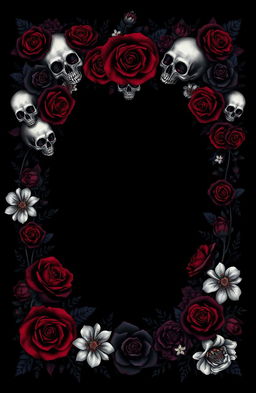 A book cover design featuring a solid black background adorned with an intricate frame of skulls and black roses