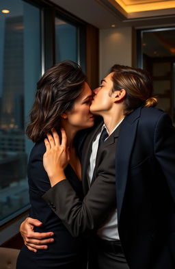A romantic scene featuring a serious, attractive, and powerful male boss in a well-tailored suit, passionately kissing his female employee