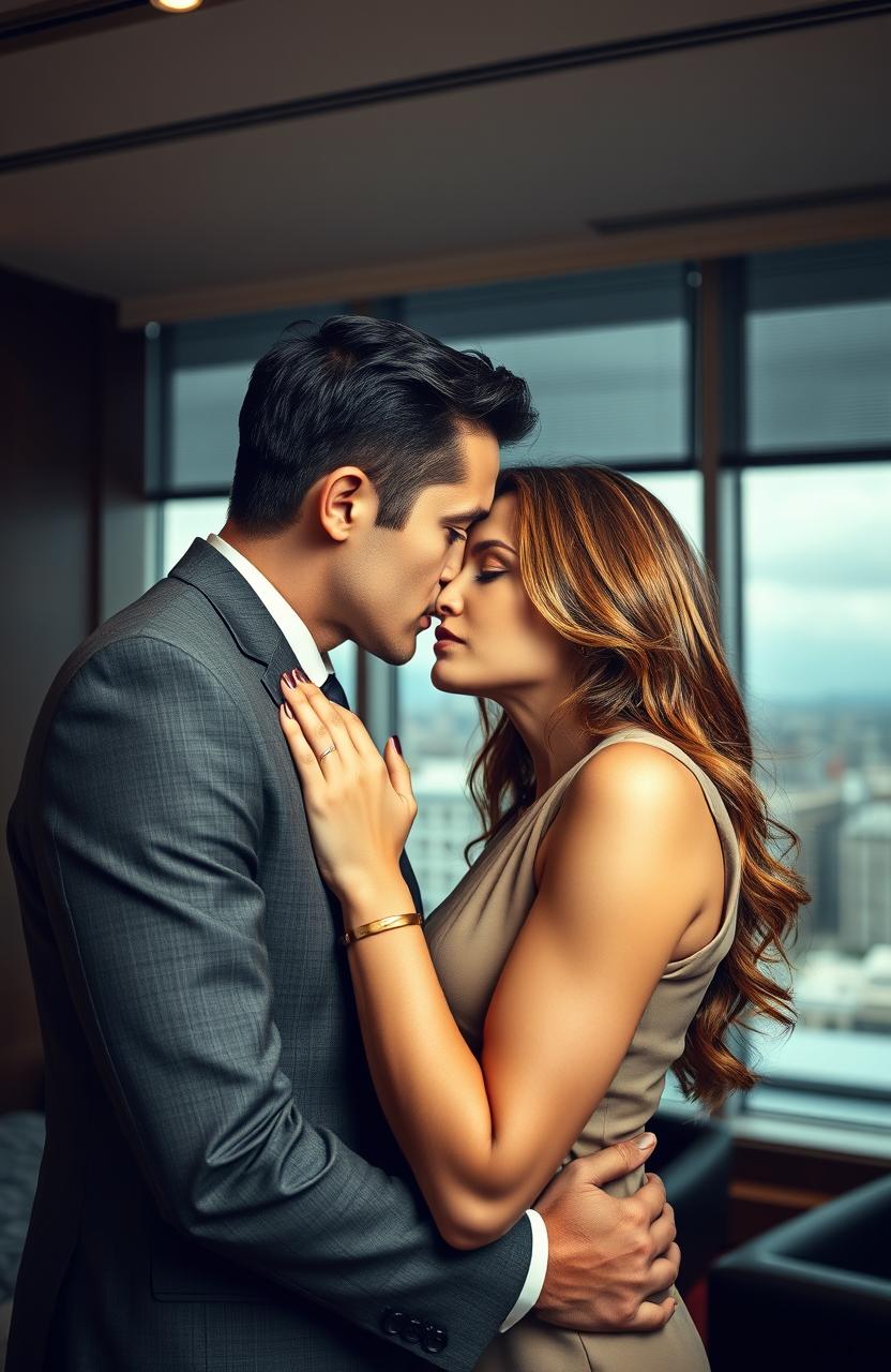 A romantic scene featuring a serious, attractive, and powerful male boss in a well-tailored suit, passionately kissing his female employee