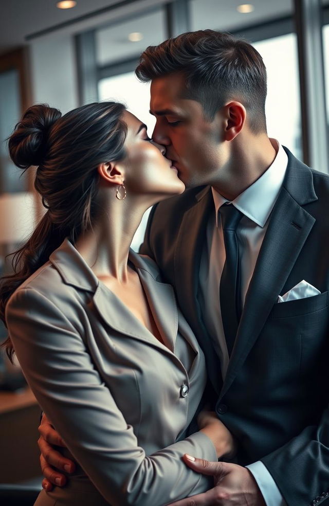 A romantic scene featuring a serious, attractive, and powerful male boss in a well-tailored suit, passionately kissing his female employee