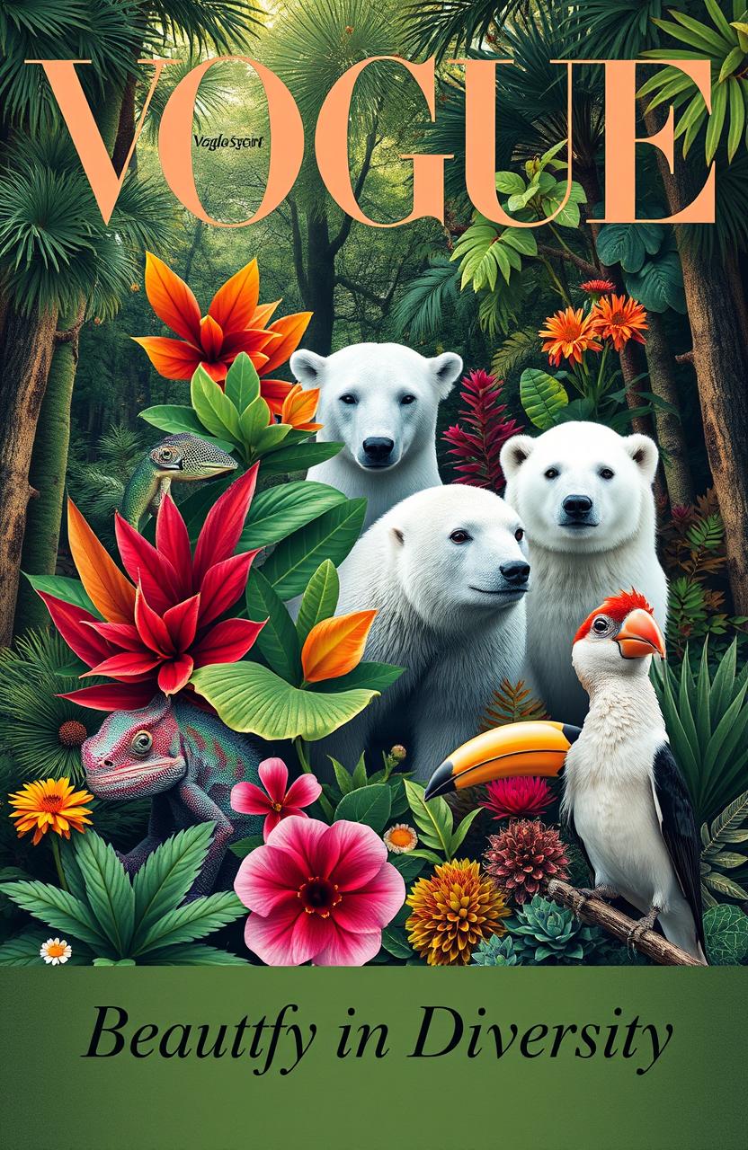 A stylish and modern magazine cover titled 'Vogue' featuring a visually striking representation of biological adaptation