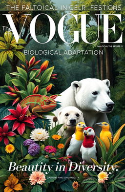 A stylish and modern magazine cover titled 'Vogue' featuring a visually striking representation of biological adaptation