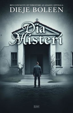 A mysterious and slightly eerie book cover titled 'Dia Misteri', featuring a solitary man standing in front of an abandoned white building