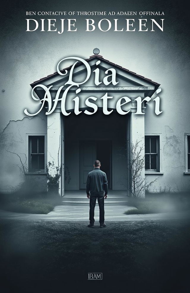 A mysterious and slightly eerie book cover titled 'Dia Misteri', featuring a solitary man standing in front of an abandoned white building