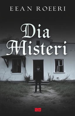 A mysterious and slightly eerie book cover titled 'Dia Misteri', featuring a solitary man standing in front of an abandoned white building