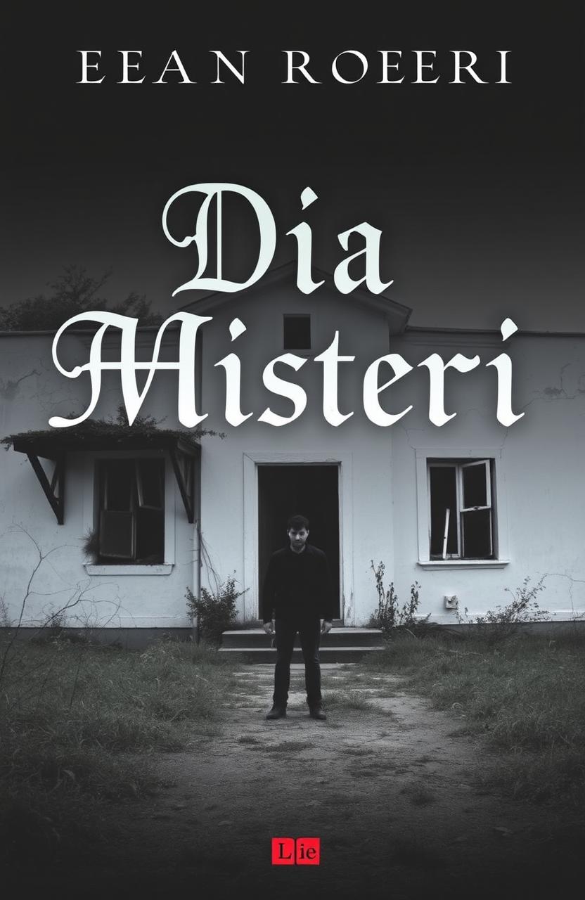 A mysterious and slightly eerie book cover titled 'Dia Misteri', featuring a solitary man standing in front of an abandoned white building