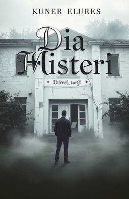 A mysterious and slightly eerie book cover titled 'Dia Misteri', featuring a solitary man standing in front of an abandoned white building