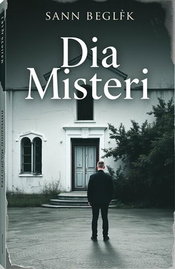 A mysterious and slightly eerie book cover titled 'Dia Misteri', featuring a solitary man standing in front of an abandoned white building