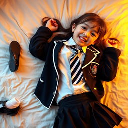A girl in a school uniform composed of black patent leather shoes with straps, white knee socks, a crisp white blouse with a perfectly fitting collar, a stylish black and white striped tie, a black buttoned blazer adorned with white piping and an emblem on the chest, paired with a black pleated skirt
