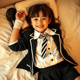 A girl in a school uniform composed of black patent leather shoes with straps, white knee socks, a crisp white blouse with a perfectly fitting collar, a stylish black and white striped tie, a black buttoned blazer adorned with white piping and an emblem on the chest, paired with a black pleated skirt