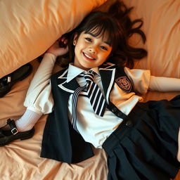 A girl in a school uniform composed of black patent leather shoes with straps, white knee socks, a crisp white blouse with a perfectly fitting collar, a stylish black and white striped tie, a black buttoned blazer adorned with white piping and an emblem on the chest, paired with a black pleated skirt