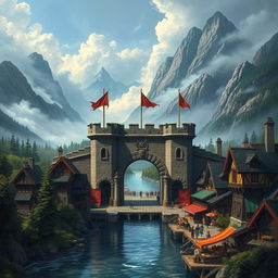 A fantasy medieval Dungeons & Dragons merchant town set on both sides of a broad river, featuring a grand stone gate with a sturdy portcullis that serves as a checkpoint for incoming travelers