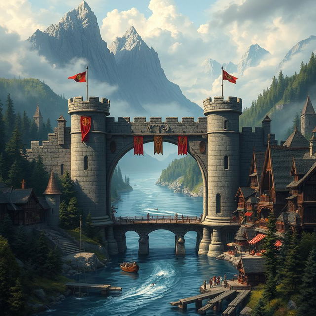 A fantasy medieval Dungeons & Dragons merchant town set on both sides of a broad river, featuring a grand stone gate with a sturdy portcullis that serves as a checkpoint for incoming travelers