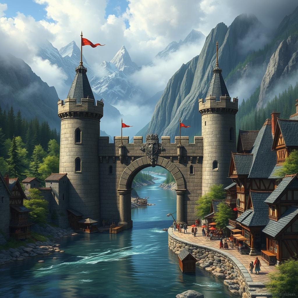 A fantasy medieval Dungeons & Dragons merchant town set on both sides of a broad river, featuring a grand stone gate with a sturdy portcullis that serves as a checkpoint for incoming travelers