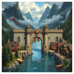 A fantasy medieval Dungeons & Dragons merchant town set on both sides of a broad river, featuring a grand stone gate with a sturdy portcullis that serves as a checkpoint for incoming travelers