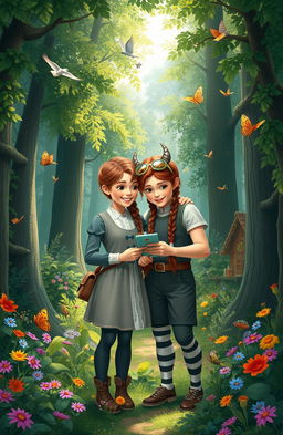 Hansel and Gretel standing together in a dense, enchanting forest