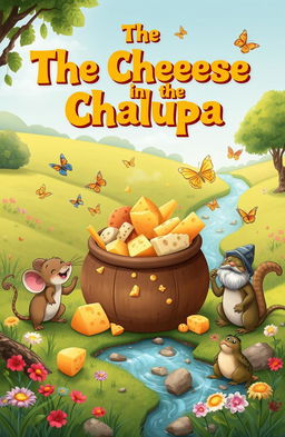 A whimsical book cover design inspired by classic children's literature, featuring a tranquil outdoor scene with a lush green landscape and a serene river flowing through it