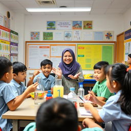 An educational scene focused on an engaging and vibrant learning environment for fifth-grade students, showcasing diverse classroom activities related to Integrated Science and Technology