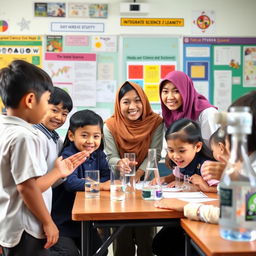 An educational scene focused on an engaging and vibrant learning environment for fifth-grade students, showcasing diverse classroom activities related to Integrated Science and Technology