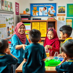 An educational scene focused on an engaging and vibrant learning environment for fifth-grade students, showcasing diverse classroom activities related to Integrated Science and Technology