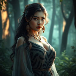 A breathtakingly beautiful Central Asian woman with large breasts, blended with elements of a Harimau Phantom, featuring a stunning, mysterious design inspired by tiger patterns