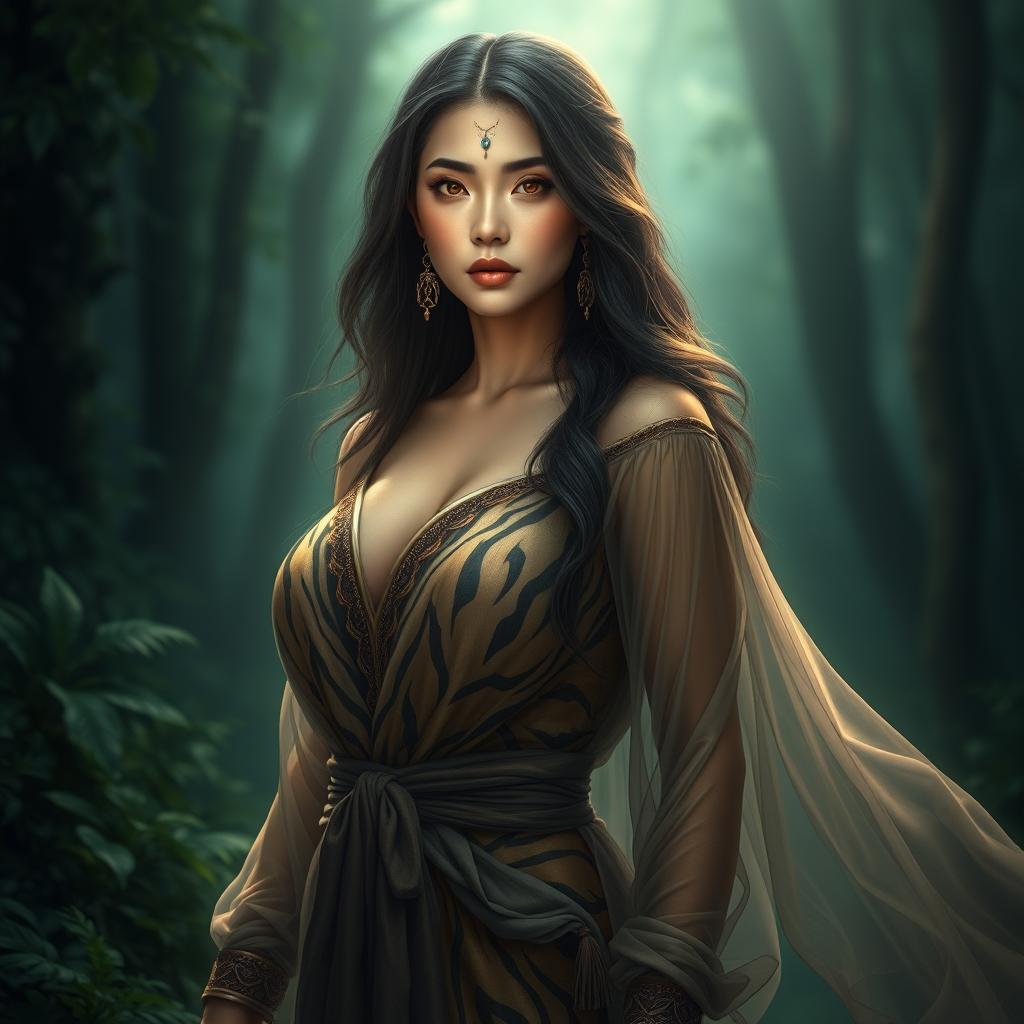 A breathtakingly beautiful Central Asian woman with large breasts, blended with elements of a Harimau Phantom, featuring a stunning, mysterious design inspired by tiger patterns