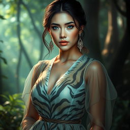 A breathtakingly beautiful Central Asian woman with large breasts, blended with elements of a Harimau Phantom, featuring a stunning, mysterious design inspired by tiger patterns