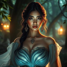 A breathtakingly beautiful Central Asian woman with large breasts, blended with elements of a Harimau Phantom, featuring a stunning, mysterious design inspired by tiger patterns