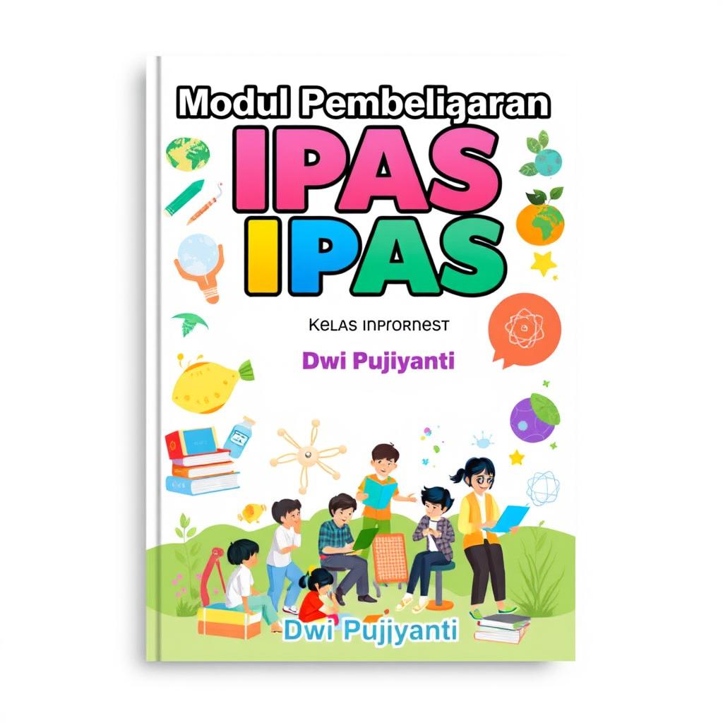 An eye-catching cover design for an educational module titled 'Modul Pembelajaran IPAS Kelas Lima' authored by Dwi Pujiyanti