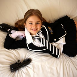 A girl in a school uniform featuring black patent leather shoes with straps, white knee socks, a white blouse with a perfectly fitting collar, a black and white striped tie, a black buttoned blazer with white piping and an emblem on the chest, and a black pleated skirt