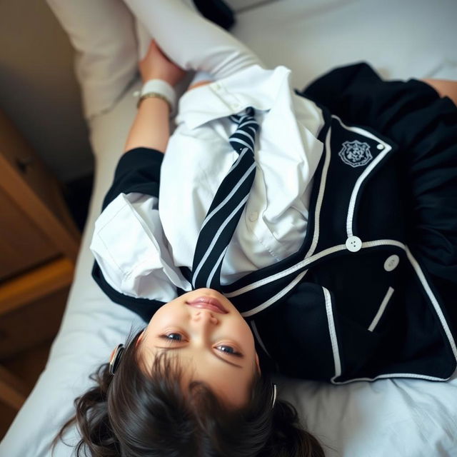 A girl in a school uniform featuring black patent leather shoes with straps, white knee socks, a white blouse with a perfectly fitting collar, a black and white striped tie, a black buttoned blazer with white piping and an emblem on the chest, and a black pleated skirt