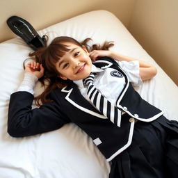 A girl in a school uniform featuring black patent leather shoes with straps, white knee socks, a white blouse with a perfectly fitting collar, a black and white striped tie, a black buttoned blazer with white piping and an emblem on the chest, and a black pleated skirt