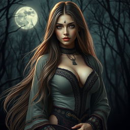 A stunning Central Asian woman embodying the characteristics of a Tuyul Perempuan (Pontianak), with striking beauty and large breasts