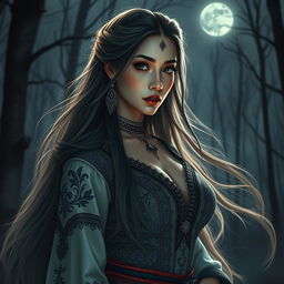 A stunning Central Asian woman embodying the characteristics of a Tuyul Perempuan (Pontianak), with striking beauty and large breasts