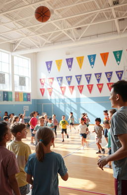 A vivid physical education class scene set in a bright gymnasium