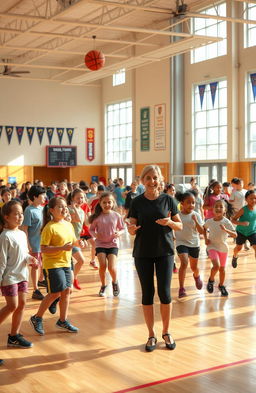 A vivid physical education class scene set in a bright gymnasium