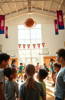 A vivid physical education class scene set in a bright gymnasium
