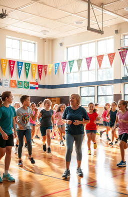 A vivid physical education class scene set in a bright gymnasium