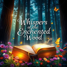 A captivating ebook cover design featuring a mystical forest scene illuminated by soft, ethereal light